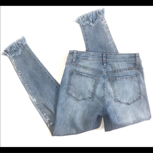 Kancan Distressed Skinny Jeans w/ Fringe Hems 25 - Picture 3 of 8